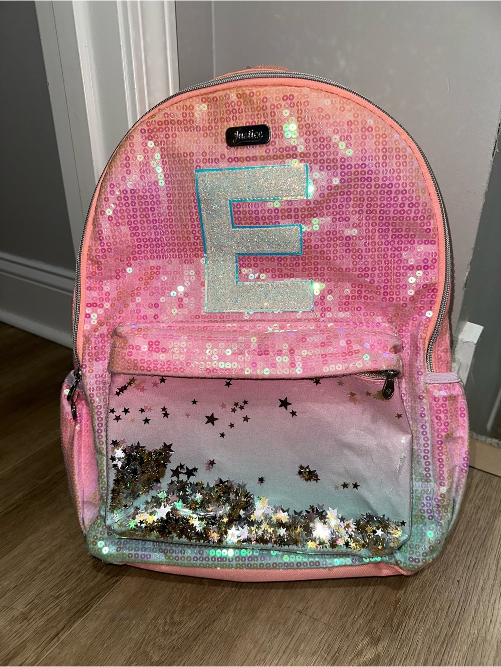 Sequin Pink Kids Backpack with Glitter Star Pocket - E Accent